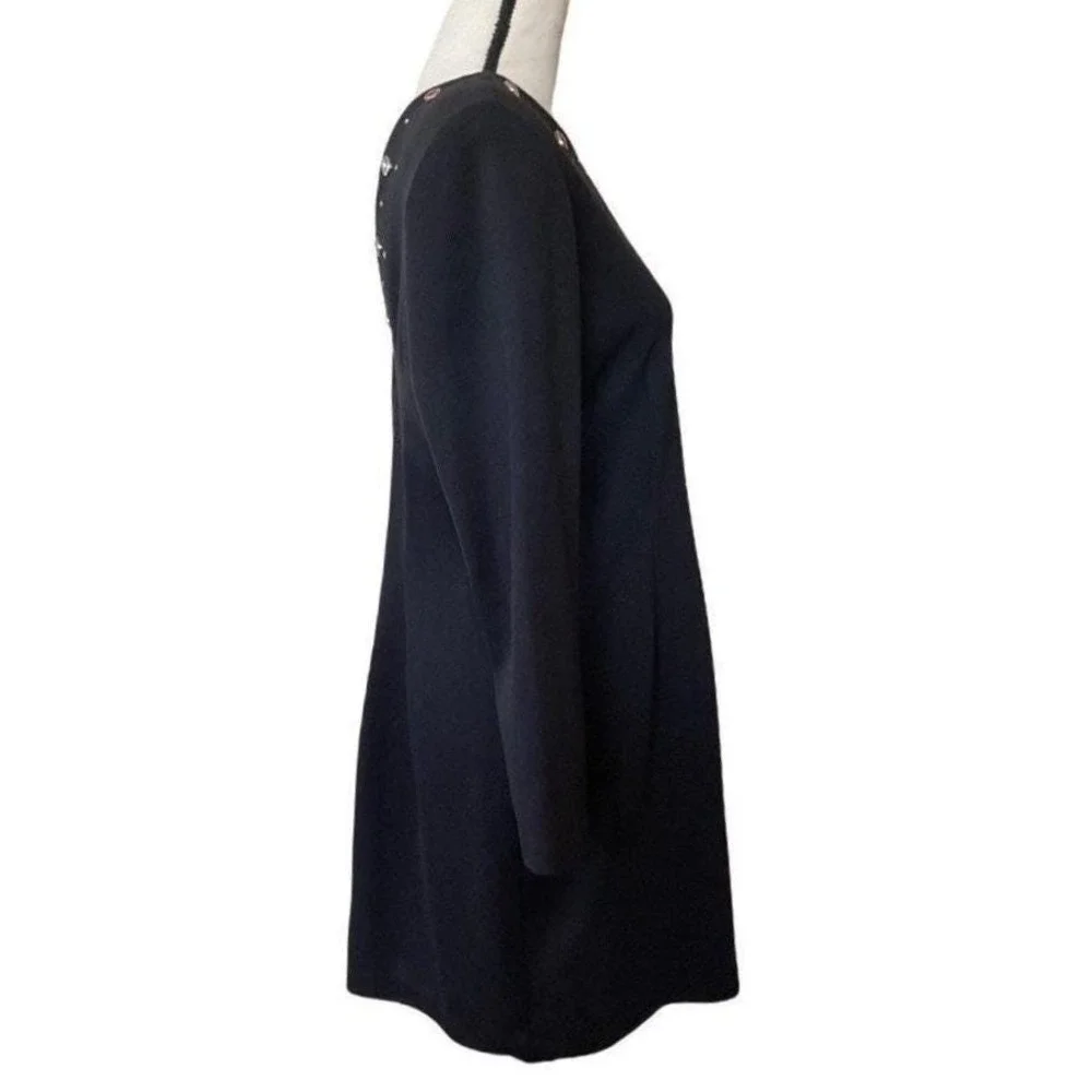 Vintage Black Long Sleeve Embellished‎ Neckline Dress Women Large Zipper Front - Picture 10 of 13